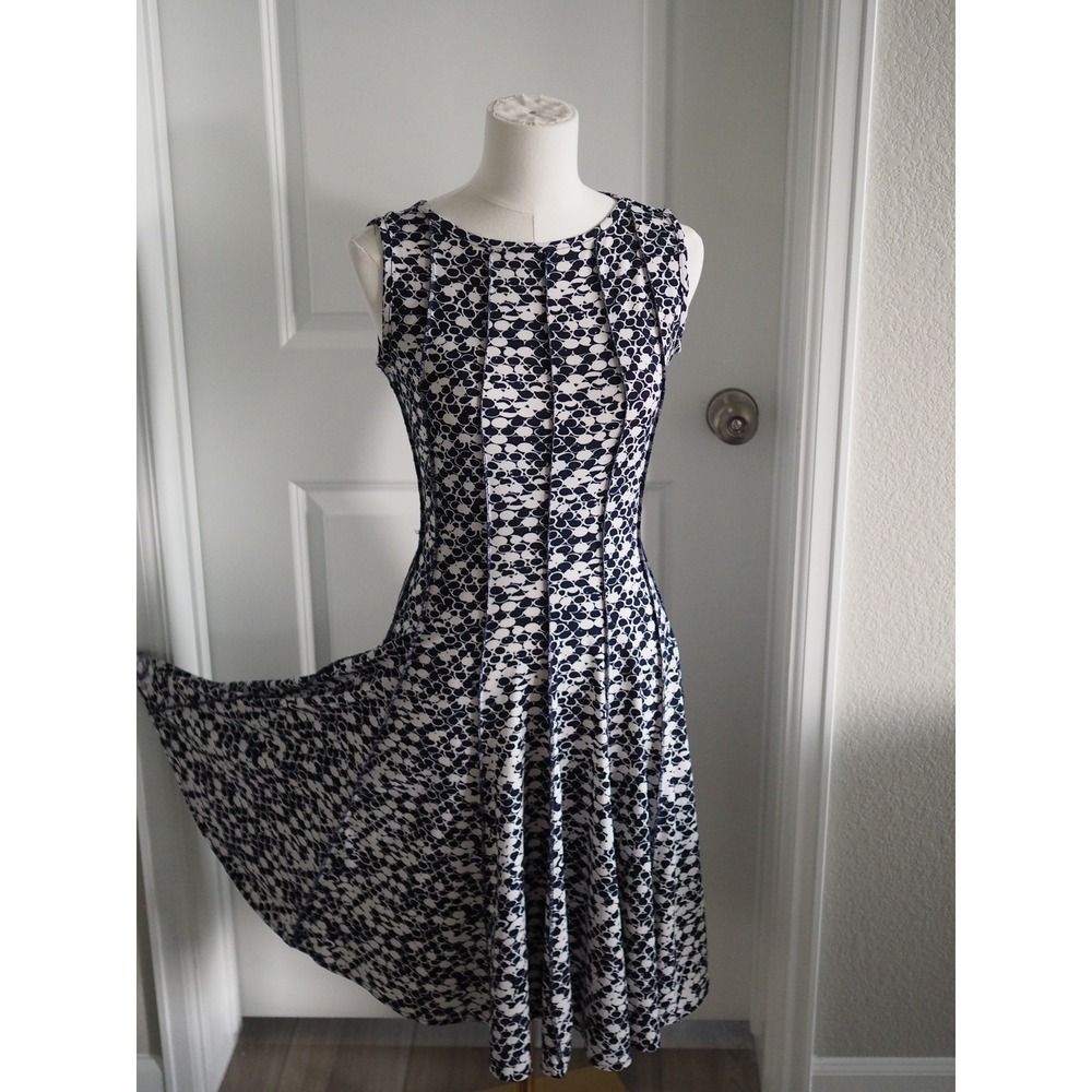 Forever Geometric Bubble Print Navy White Fit Flare Dress Preppy Small Good
